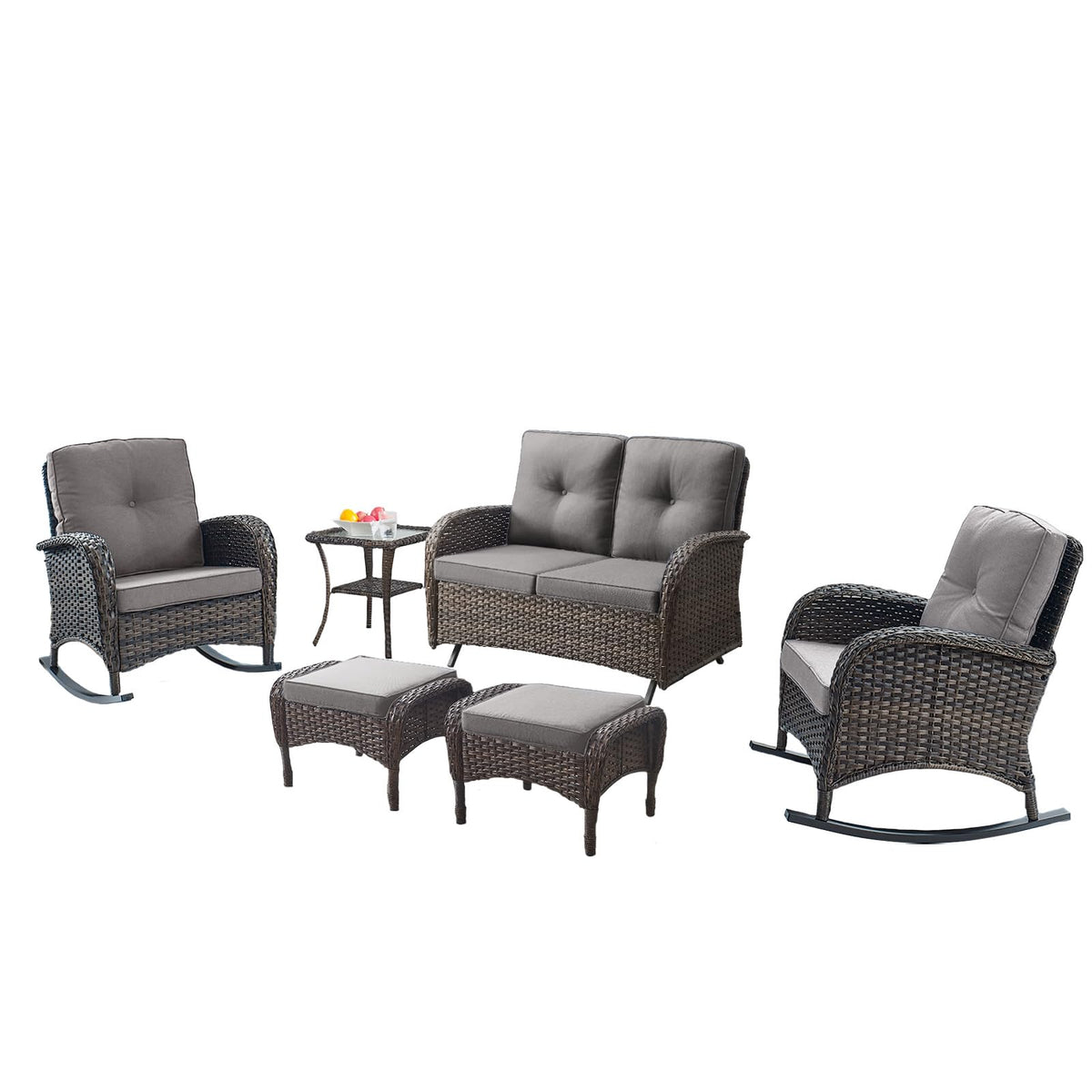 Belord Patio Rocking Chair Wicker Chair, 1 Piece Outdoor Rocking Chair Seating with Cushions for Porch Deck Balcony, Brown/Blue