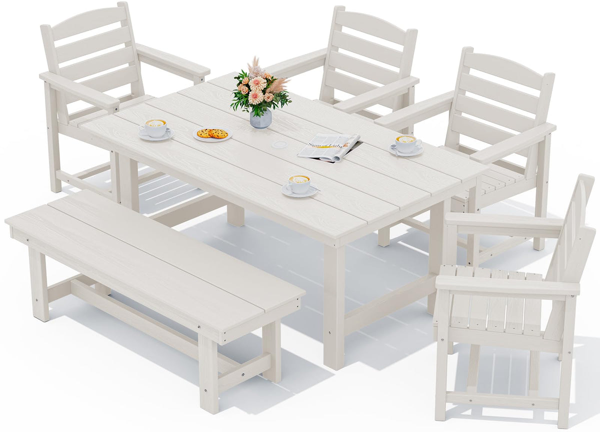 SERWALL 7 Pcs Outdoor Dining Set, 67" HDPE Dining Set for 6, Black
