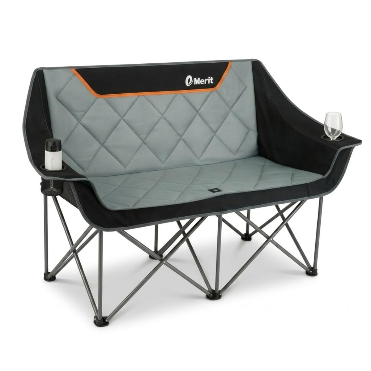 EMERIT Oversized Fully Padded Camping Chair, Heavy Duty 650LB Folding Camping Loveseat, Quad Fold Double Camping Couch with Cup Holders & Carry Bag for Outdoor, Lawn, Sports Events Black