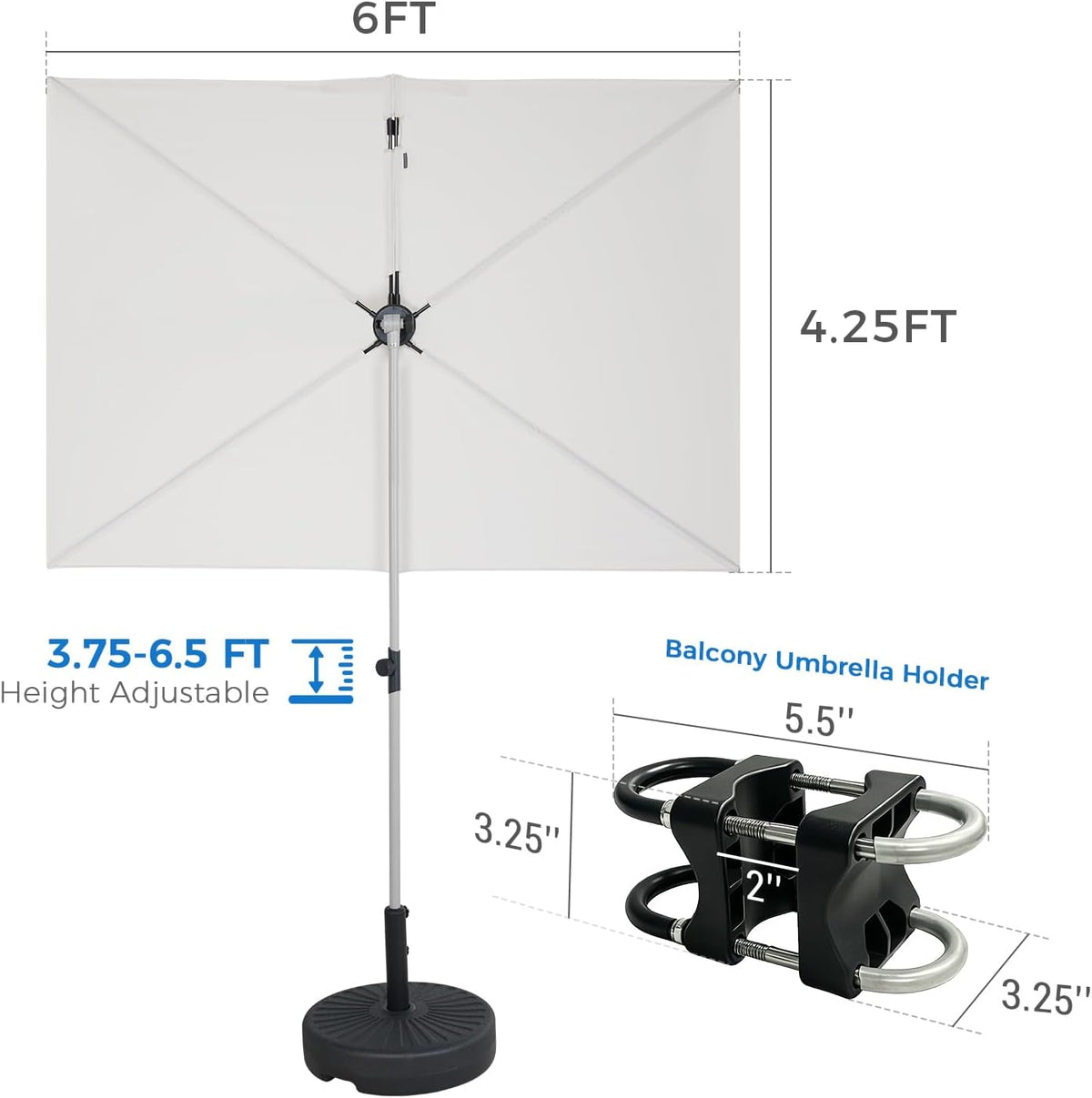 Grand patio Balcony Umbrella, JENA 6x4 FT Outdoor Umbrella, Rectangular Flat Canopy Versatile Patio Shade with 360 Degree Roating Knob for Deck Apartment, Beige