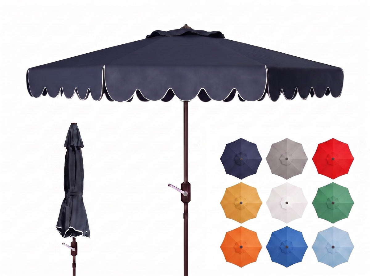 Safavieh PAT8010A Collection Venice Navy and White Single Scallop 9Ft Crank Outdoor Push Button Tilt Umbrella