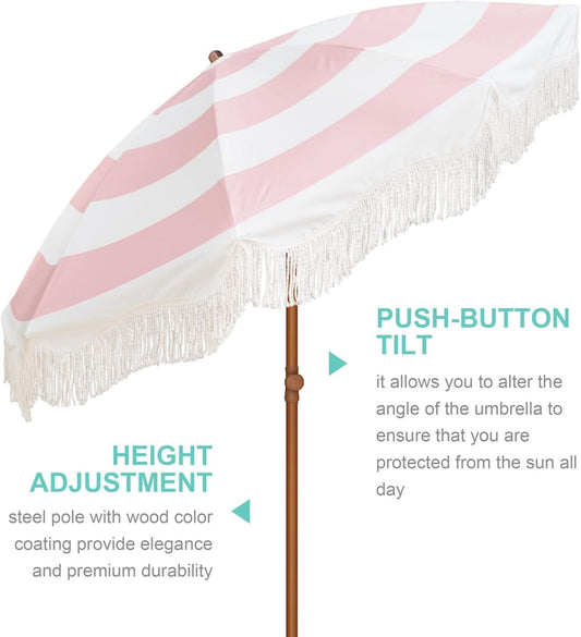 AMMSUN Boho Fringe Umbrella, 6.5ft Outdoor Umbrella with Tassel