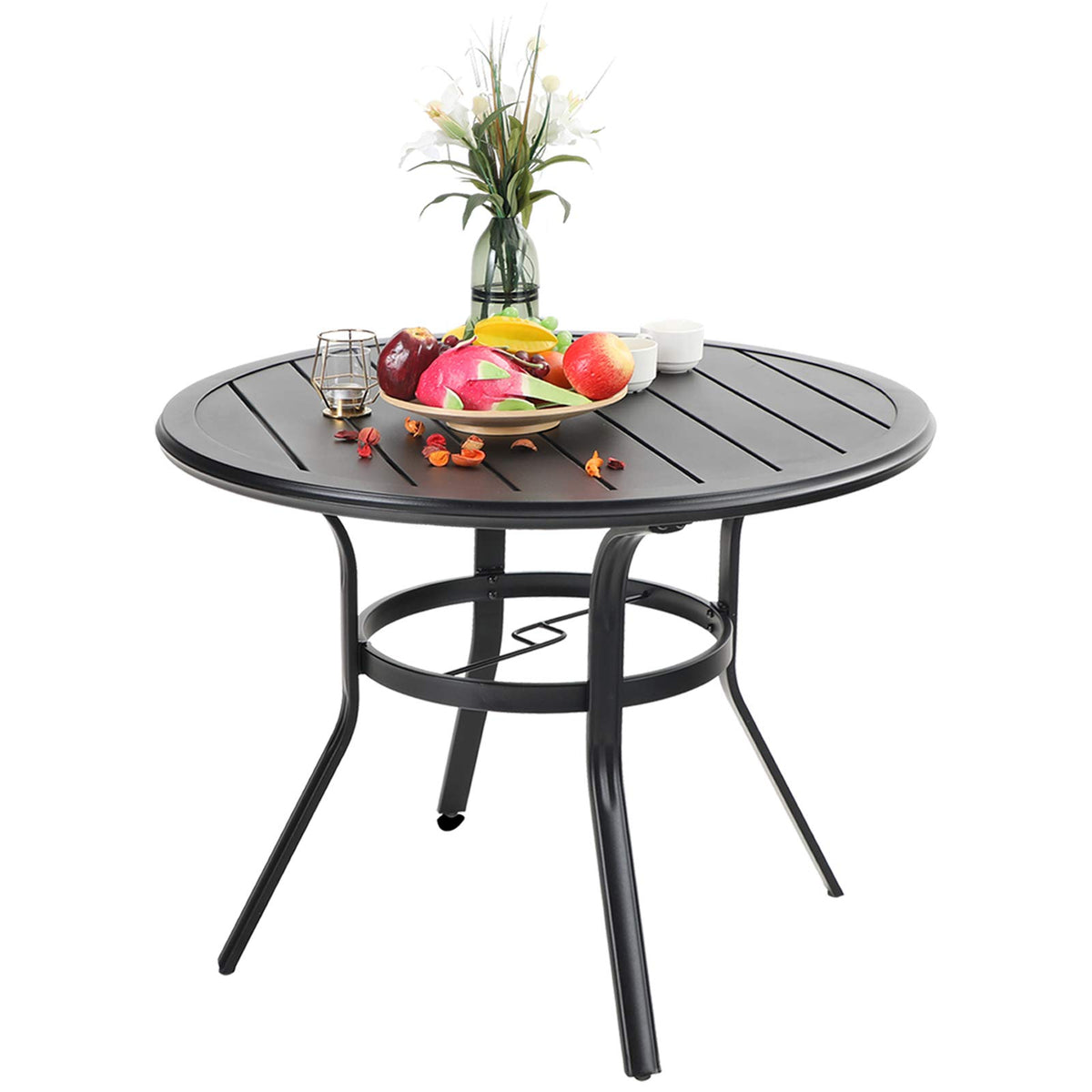 PHI VILLA Patio Round Table w/Umbrella Hole, Metal Table for 4, Black