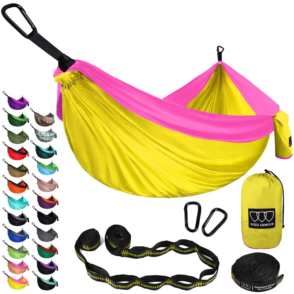 Gold Armour Camping Hammock - XL Double Hammock Portable Hammock Camping Accessories Gear for Outdoor Indoor with Tree Straps, USA Based Brand (Purple and Fuchsia)