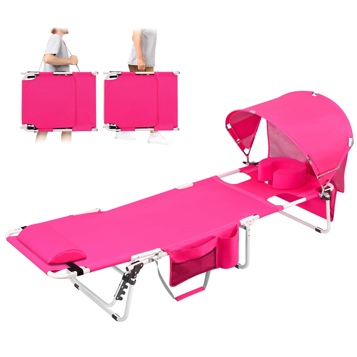 Tanning Chair with Sun Canopy Face Hole Softer Padded Adjustable Washable, Heavy Duty Layout Folding Lounge Chair for Adults Outside Beach Reading Sunbathing Poolside, UPF 50+ Sun Shade, Pink, 300 LBS