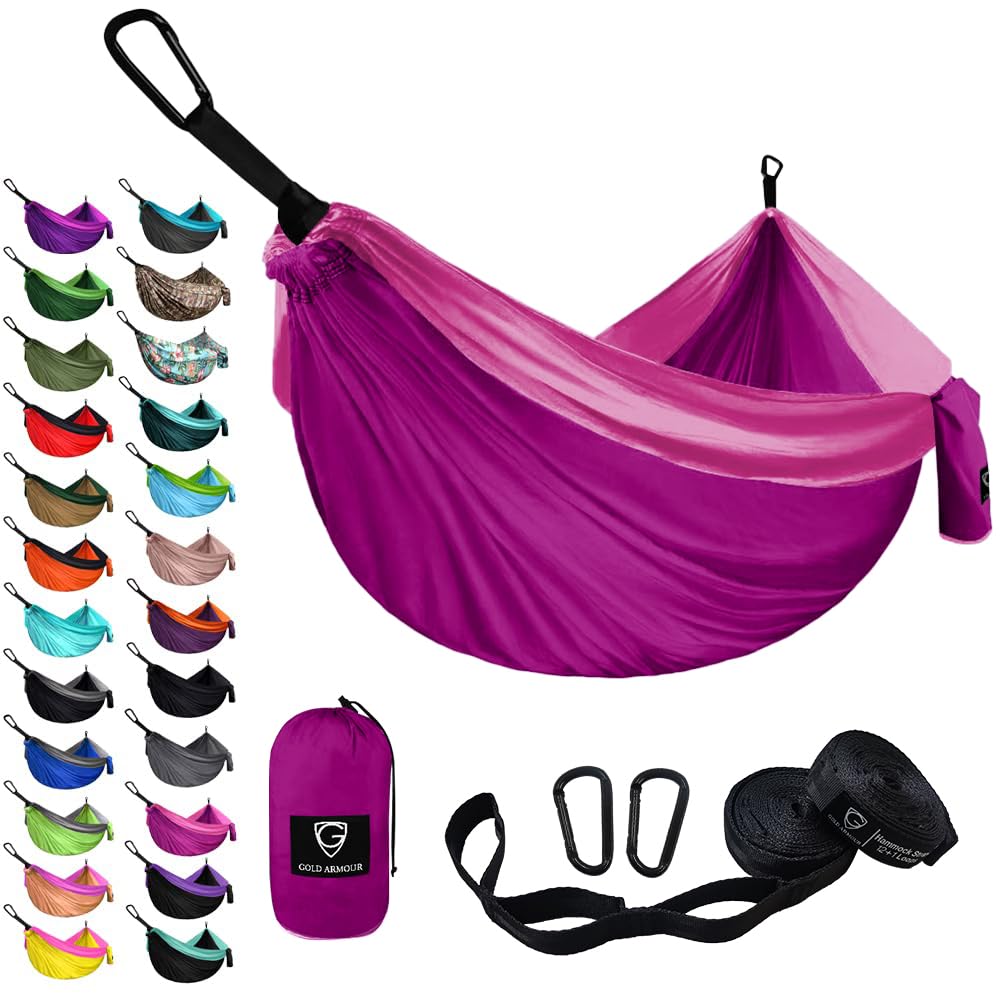 Gold Armour Camping Hammock - XL Double Hammock Portable Hammock Camping Accessories Gear for Outdoor Indoor with Tree Straps, USA Based Brand (Purple and Fuchsia)