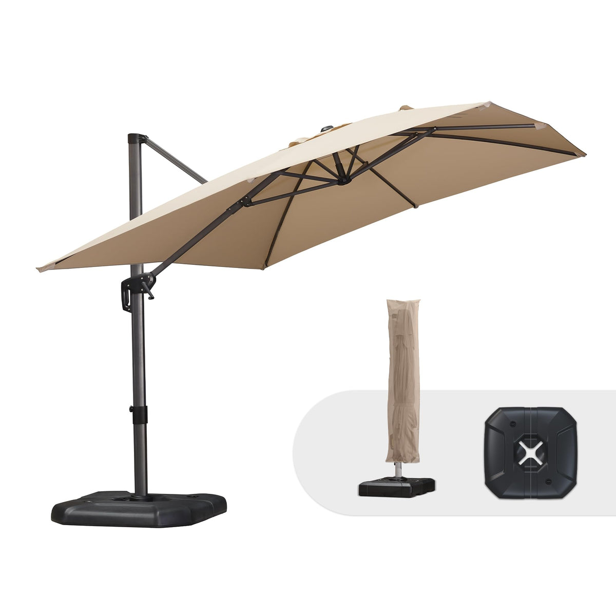 PURPLE LEAF Patio Umbrella with Base 9' x 11.5' 360° Rotation Control Beige