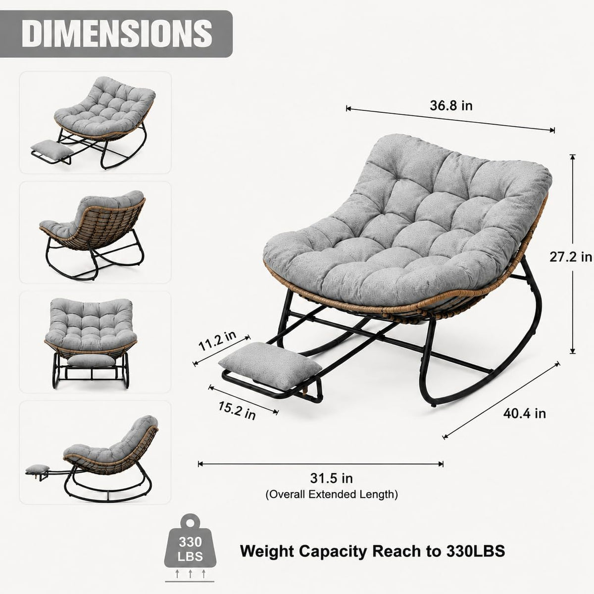 Oversized Rocking Chair with Zero-Gravity Foot Rest & Ottoman, Comfy Lounge Chair for Patio, Porch, Balcony, Indoor Reading Nook, Big Cozy Chaise Chair for Outdoor & Home Use, Grey