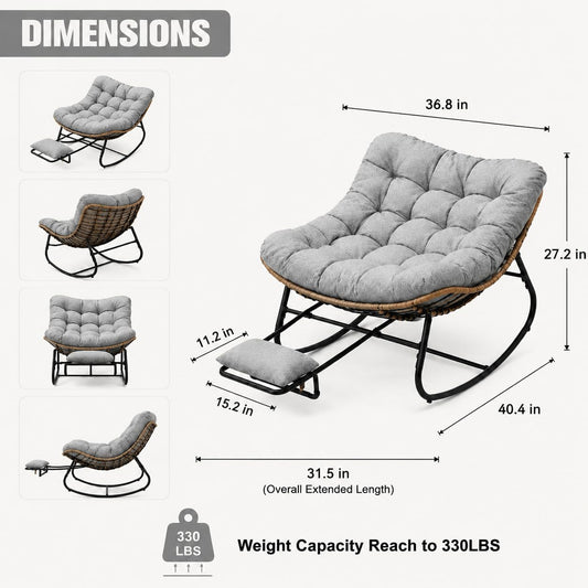Oversized Rocking Chair with Zero-Gravity Foot Rest & Ottoman, Comfy Lounge Chair for Patio, Porch, Balcony, Indoor Reading Nook, Big Cozy Chaise Chair for Outdoor & Home Use, Grey