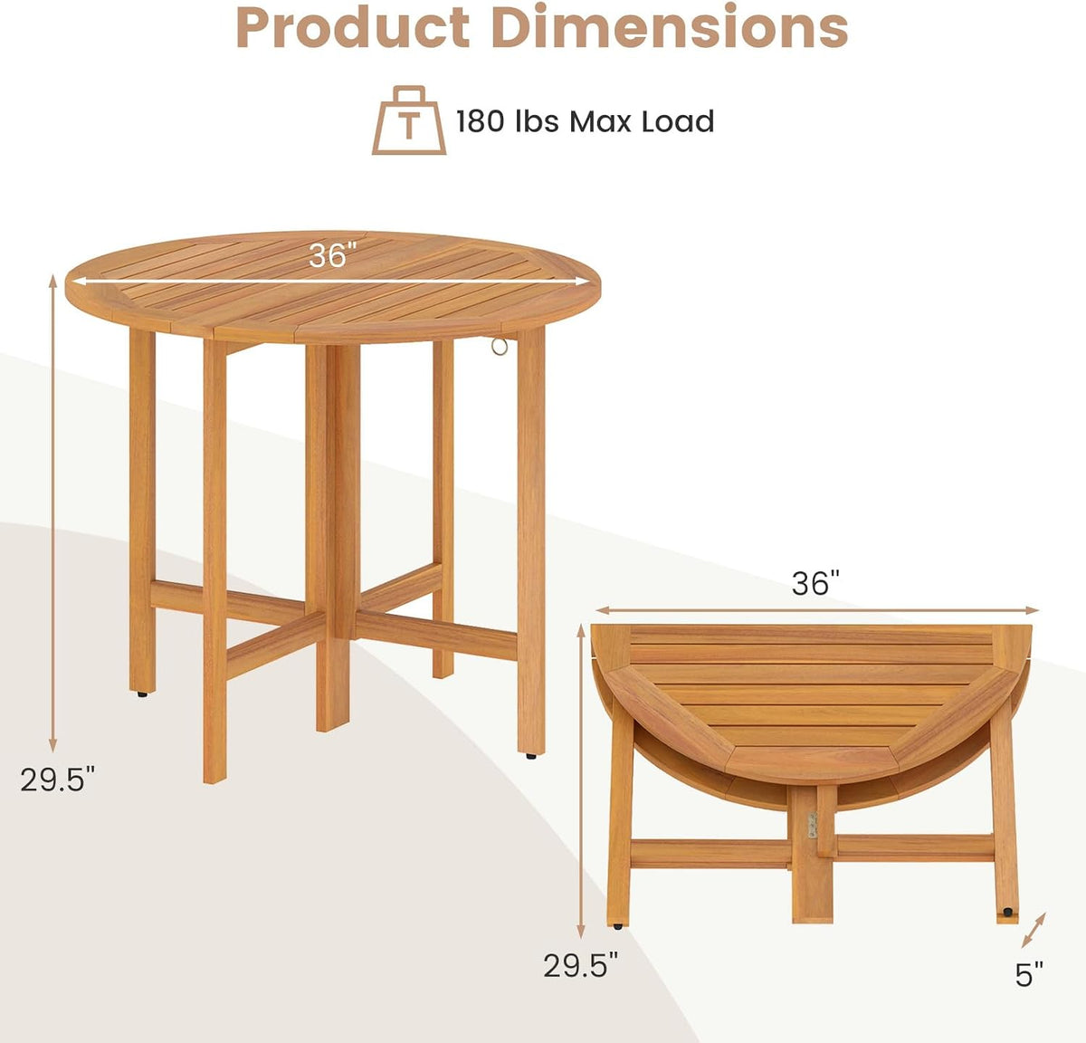 Tangkula 36 Inches Outdoor Folding Round Dining Table, No Assembly Patio Acacia Wood Bistro Table with Slatted Tabletop, 4-Person Outside Dining Furniture for Backyard, Porch, Balcony