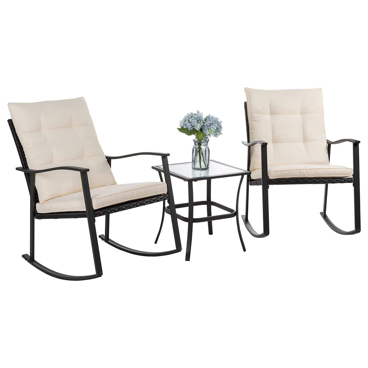 Shintenchi Rocking Chair Outdoor with Table, 3 Piece Rocking Patio Bistro Set, Outdoor Furniture Set with Metal Frame and Textilene Fabric for Small Space, Brown