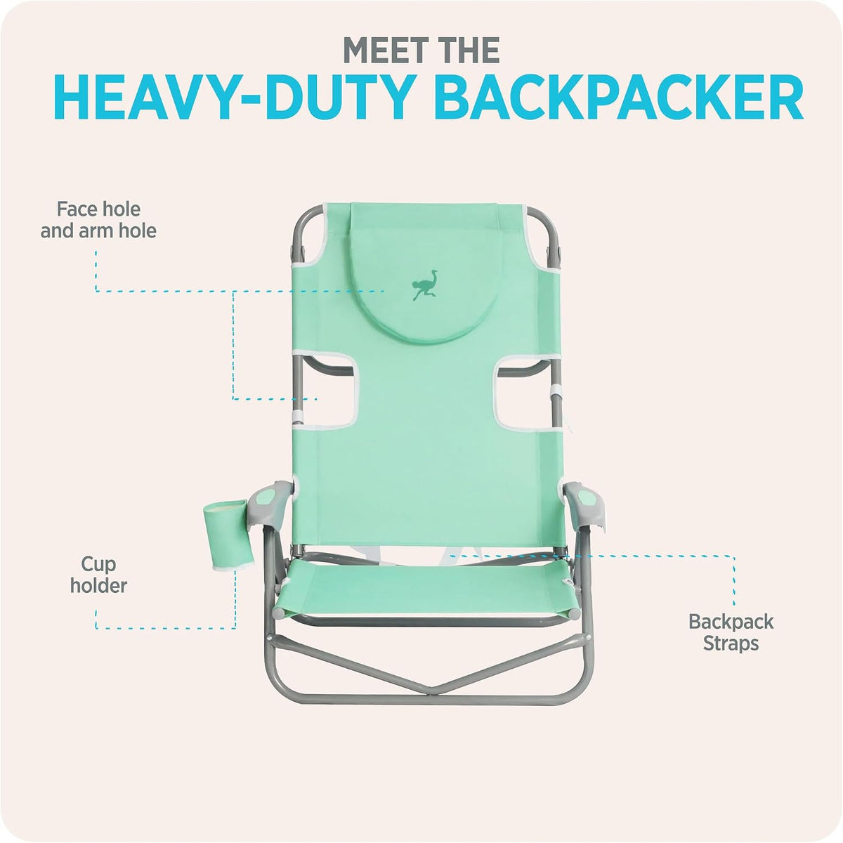 Ostrich the Heavy-Duty Backpacker, Portable Outdoor Beach Chair, Teal