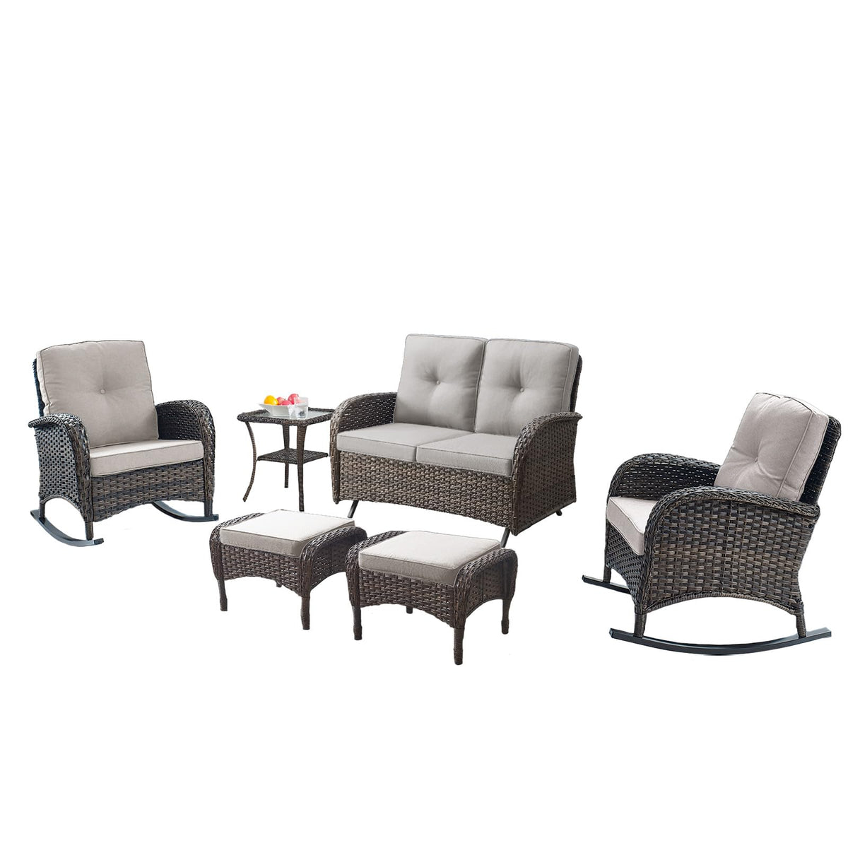 Belord Patio Rocking Chair Wicker Chair, 1 Piece Outdoor Rocking Chair Seating with Cushions for Porch Deck Balcony, Brown/Blue