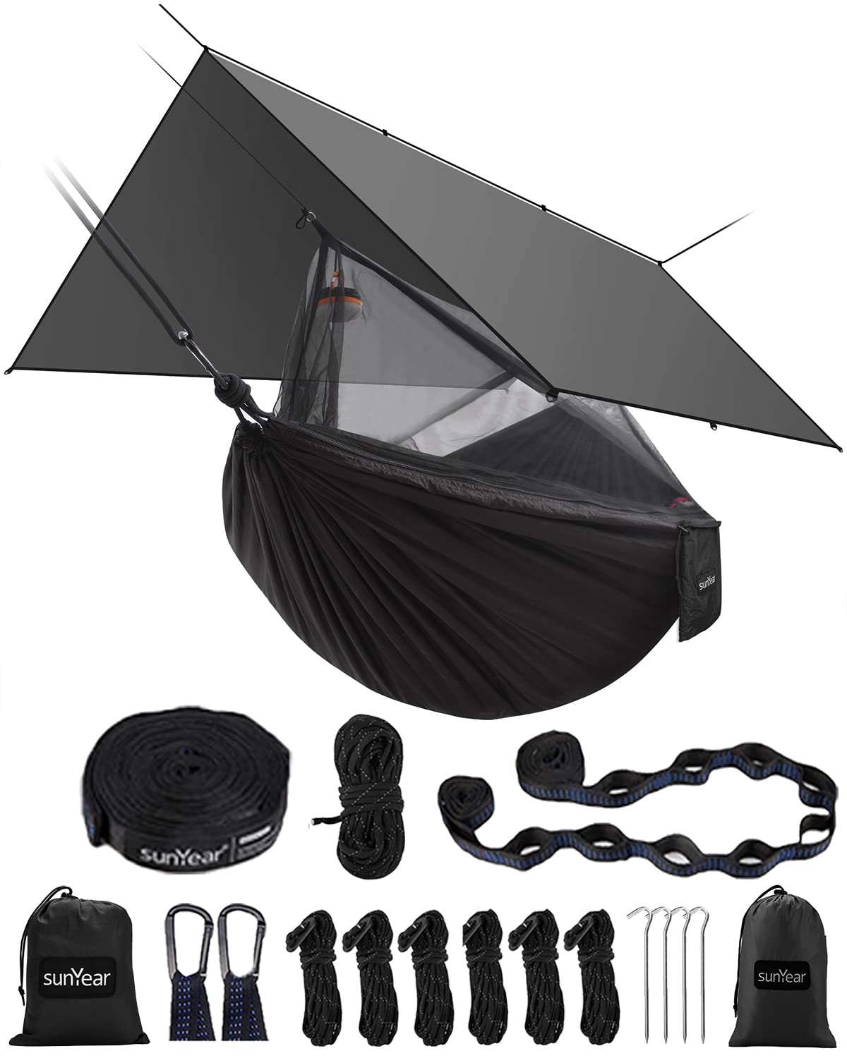 Sunyear Hammock Camping with Rain Fly Tarp and Net, Portable Camping Hammock Double Tree Hammock Outdoor Indoor Backpacking Travel & Survival, 2 Tree Straps,100% Waterproof Green Bundle