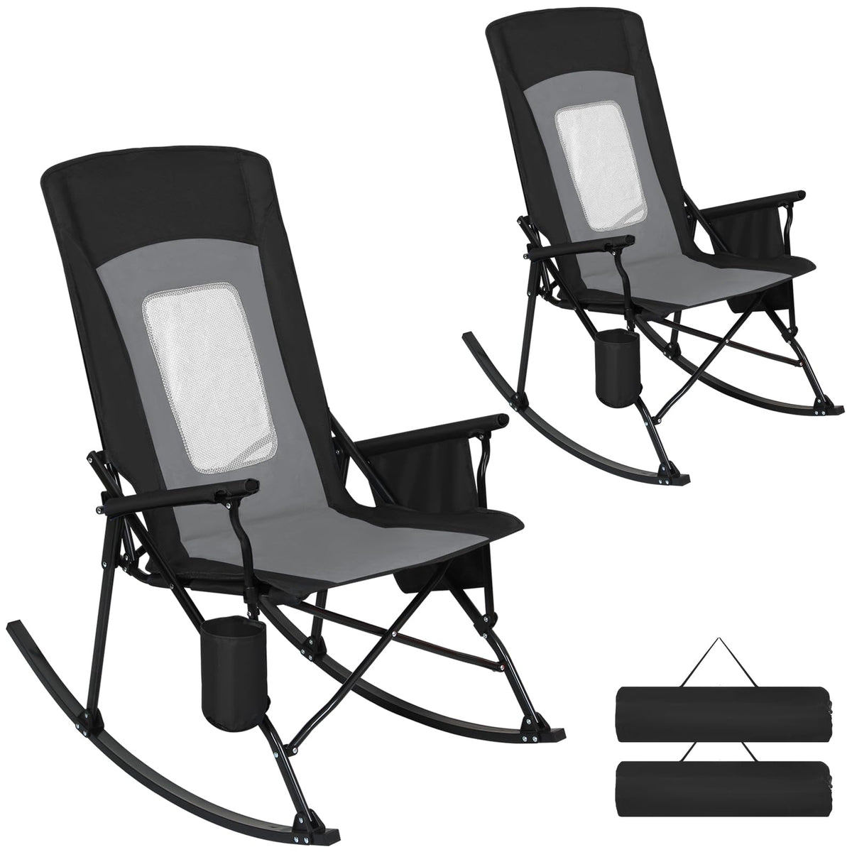 Romswi 2 Pack Rocking Camping Chair for Adult 400LBS Capacity, Heavy Duty Folding Rocking Chairs, Portable Outdoor Rocker with High Back & Hard Armrests for Camping, Beach, Patio, Backyard, Mesh Blue