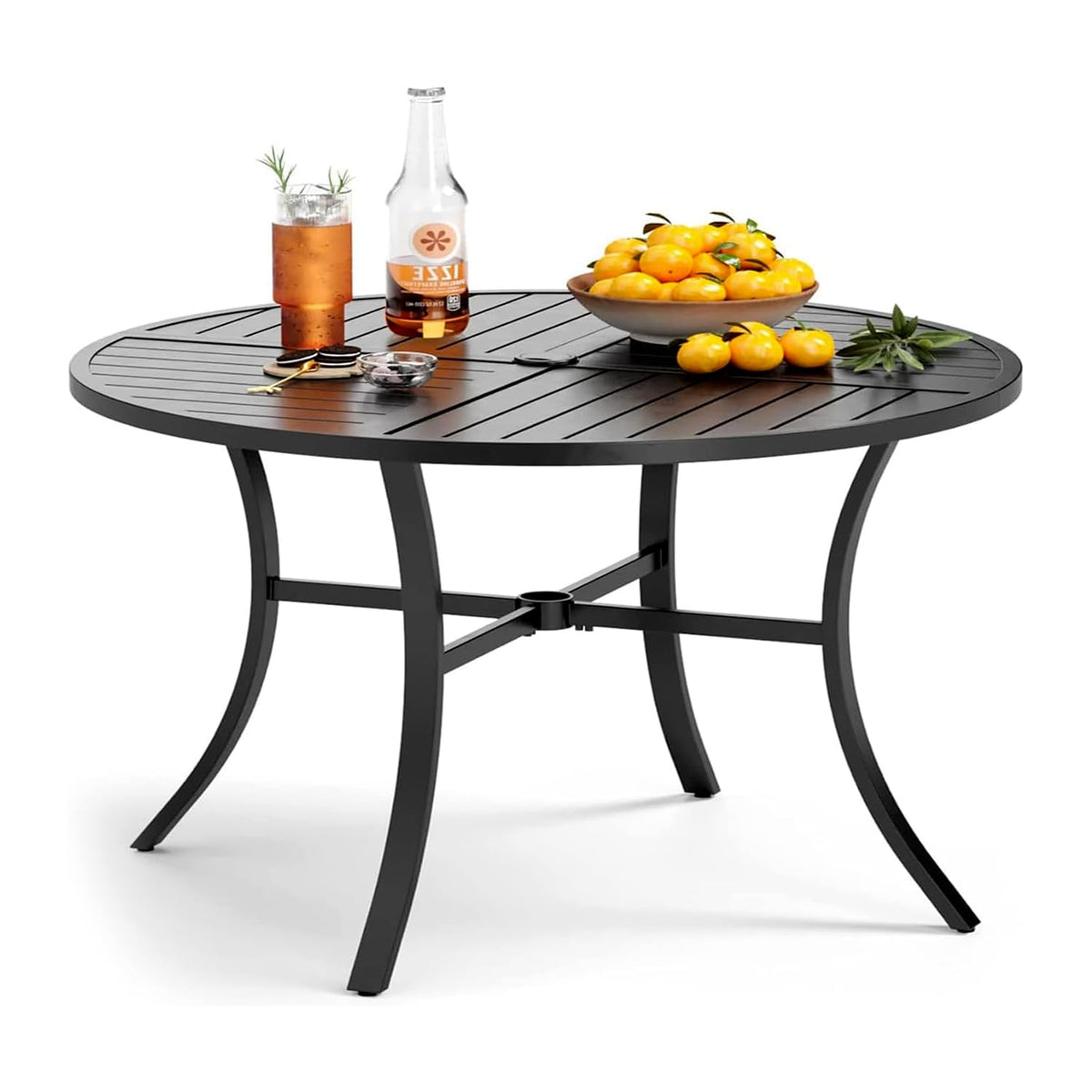 PHI VILLA Patio Round Table w/Umbrella Hole, Metal Table for 4, Black