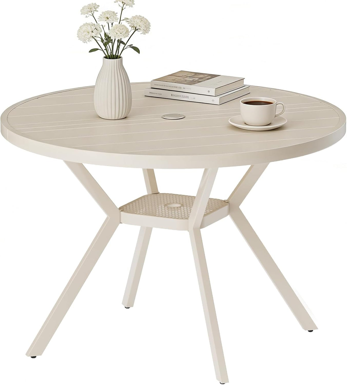 42" Outdoor Patio Table Dining Table All Weather Metal Round Patio Dining Table with Adjustable Umbrella Hole Patio Furniture for Lawn Garden Backyard, Sandshell