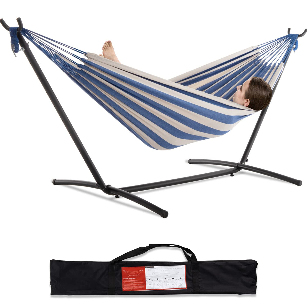 PNAEUT Double Hammock with Stand for Outside, Heavy-Duty, Portable (Coffee)