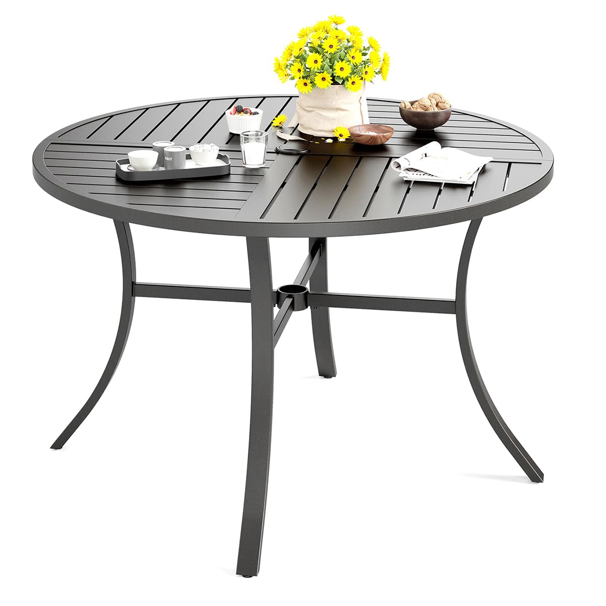 HERA'S HOUSE Outdoor Dining Table for 6, Brown Metal Table w/Umbrella Hole