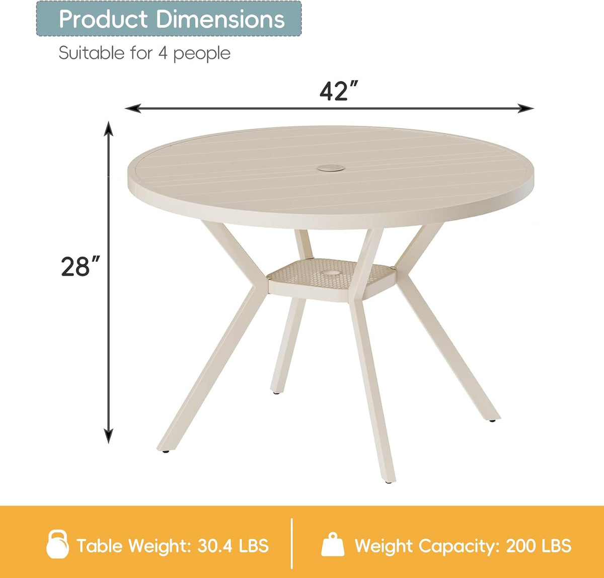 42" Outdoor Patio Table Dining Table All Weather Metal Round Patio Dining Table with Adjustable Umbrella Hole Patio Furniture for Lawn Garden Backyard, Sandshell