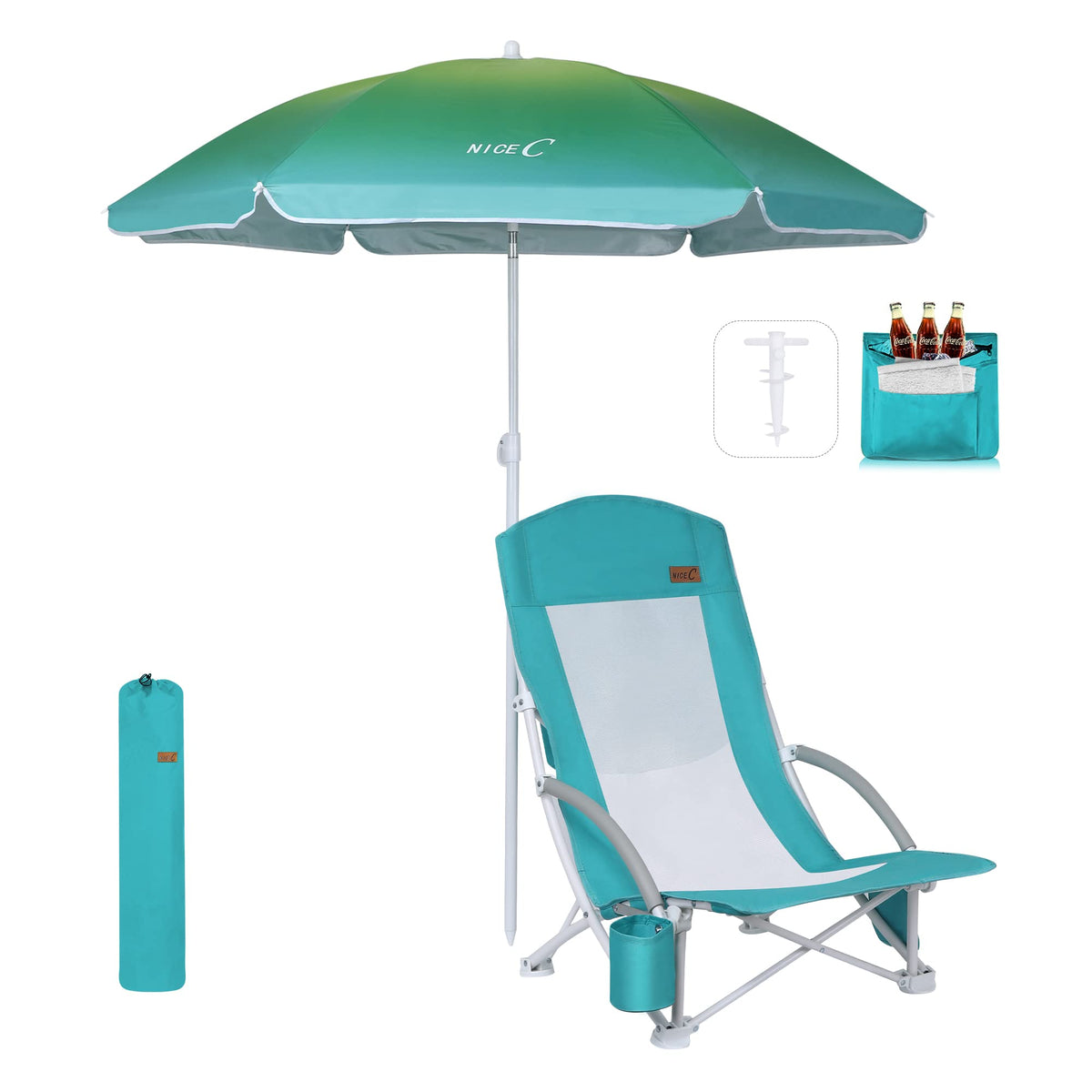 Nice C Low Beach Chair with Umbrella, Sand Chair, Lake Chair (1 Pack Blue)
