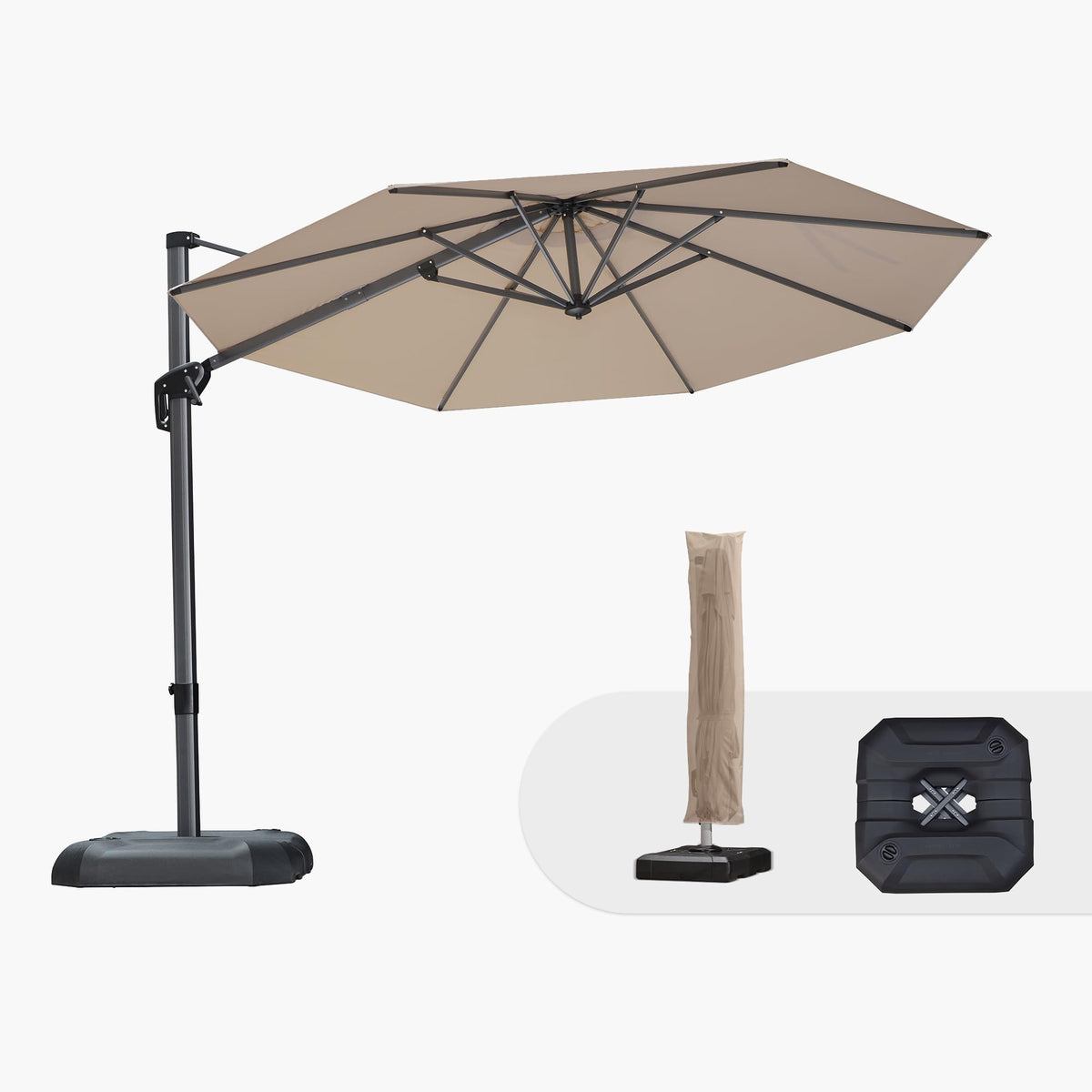 PURPLE LEAF Patio Umbrella with Base 9' x 11.5' 360° Rotation Control Beige