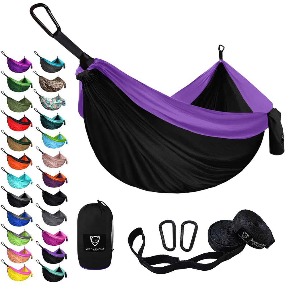Gold Armour Camping Hammock - XL Double Hammock Portable Hammock Camping Accessories Gear for Outdoor Indoor with Tree Straps, USA Based Brand (Purple and Fuchsia)