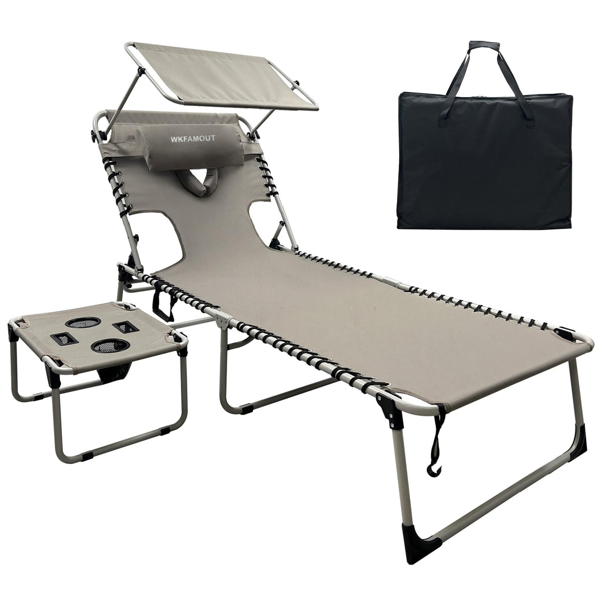 Outdoor Tanning Chair with Sun Canopy Shade & Face Hole, Folding Lounge Chair with Beach Table and Carry Bag for Poolside Sunbathing Lawn