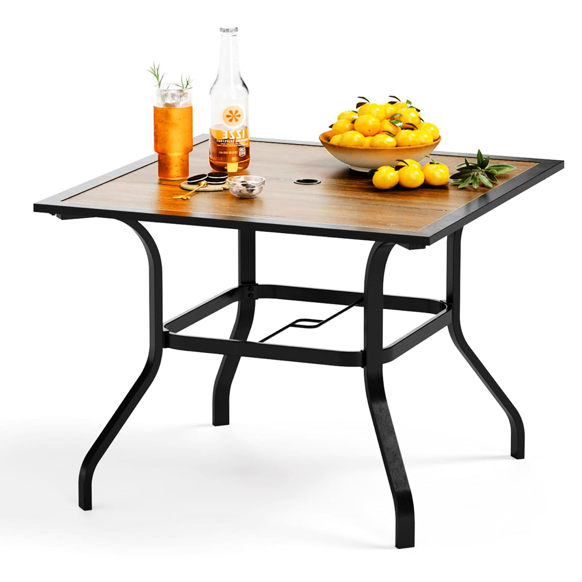 PHI VILLA Patio Table w/Umbrella Hole, Black Metal Dining Table for 4