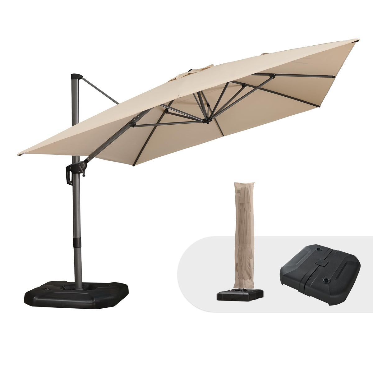 PURPLE LEAF Patio Umbrella with Base 9' x 11.5' 360° Rotation Control Beige