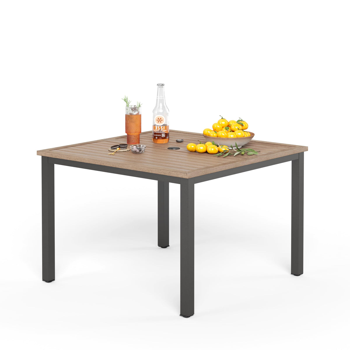PHI VILLA Patio Table w/Umbrella Hole, Black Metal Dining Table for 4