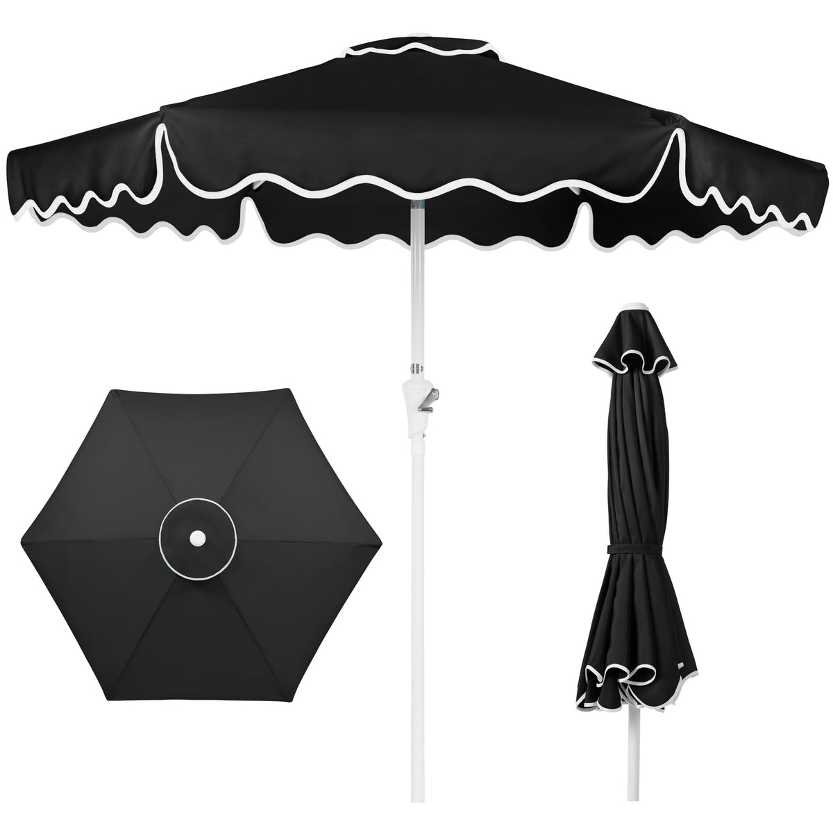 Best Choice Products 7.5ft Patio Market Umbrella with Wavy Trim, UV-Fade-Resistant 210g Canopy, Crank & Tilt, Wind Vent, Heavy-Duty Frame - Black