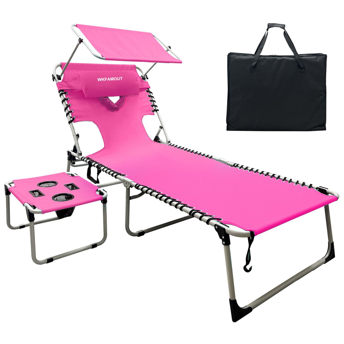 Outdoor Tanning Chair with Sun Canopy Shade & Face Hole, Folding Lounge Chair with Beach Table and Carry Bag for Poolside Sunbathing Lawn