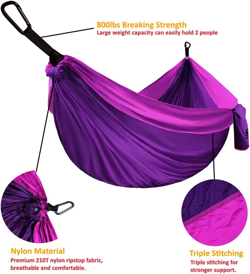 Gold Armour Camping Hammock - XL Double Hammock Portable Hammock Camping Accessories Gear for Outdoor Indoor with Tree Straps, USA Based Brand (Purple and Fuchsia)