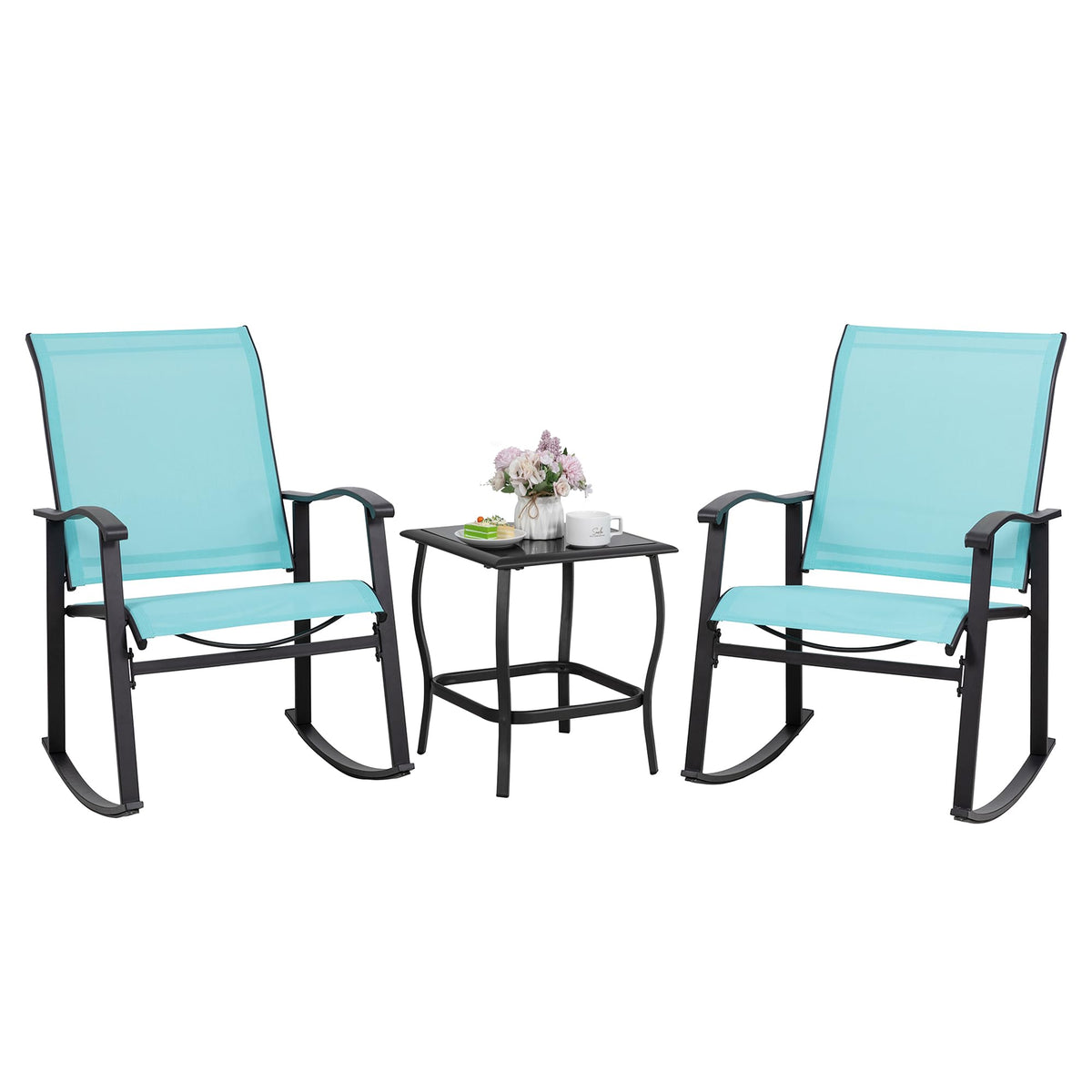 Shintenchi Rocking Chair Outdoor with Table, 3 Piece Rocking Patio Bistro Set, Outdoor Furniture Set with Metal Frame and Textilene Fabric for Small Space, Brown