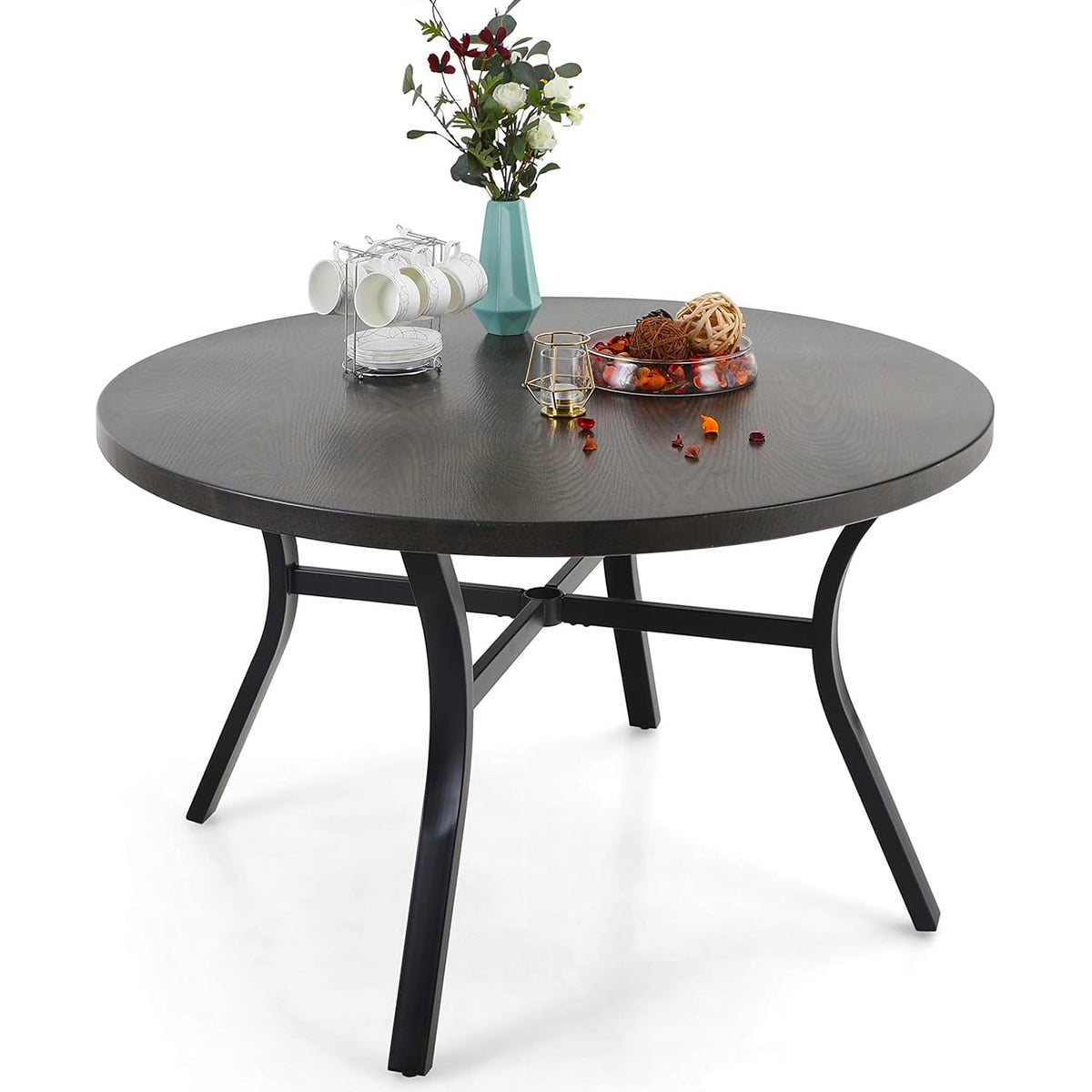 PHI VILLA Patio Round Table w/Umbrella Hole, Metal Table for 4, Black