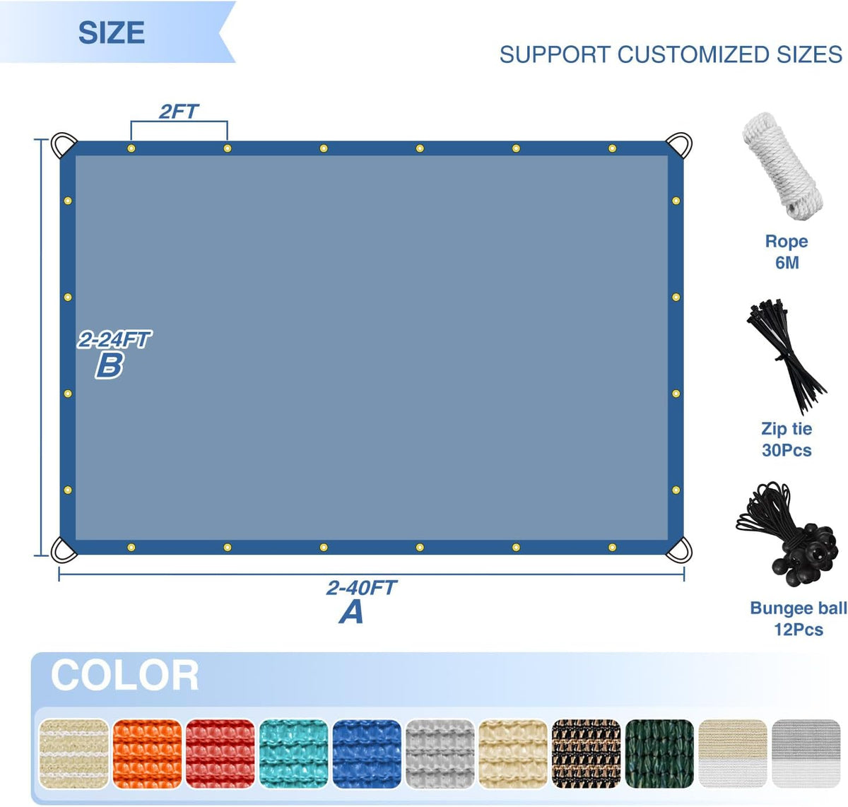 E&K Sunrise 24' x 40' Sun Shade Sail Straight Edge Rectangle Canopy Shade Cover with D-Ring Grommets UV Block for Outdoor Pergola Backyard Garden Patio Deck (Blue)
