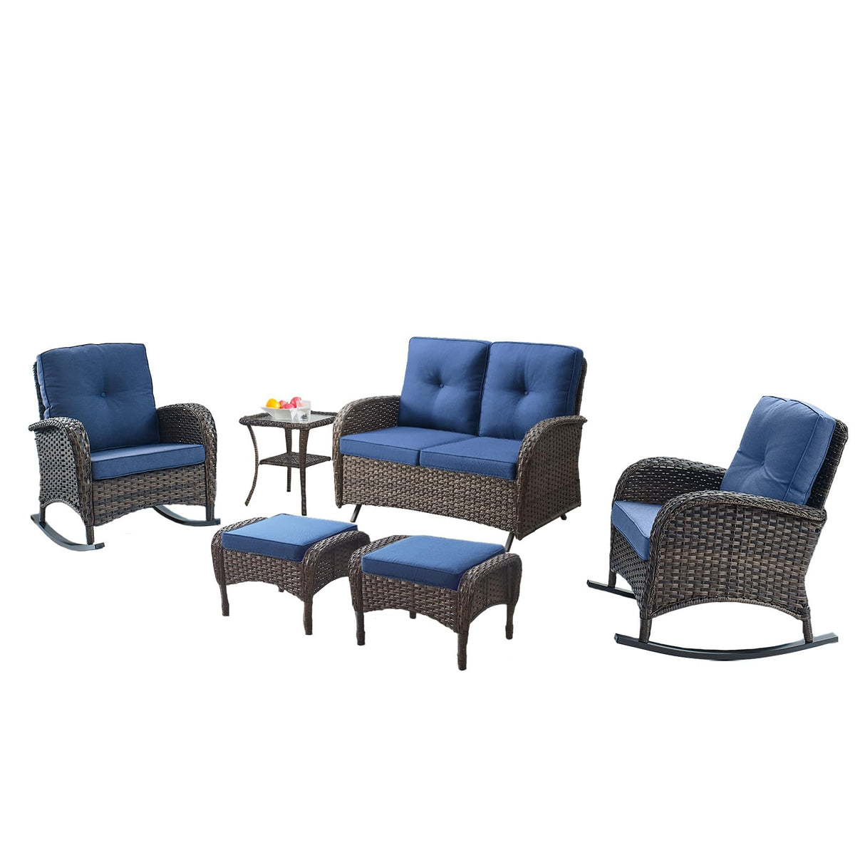 Belord Patio Rocking Chair Wicker Chair, 1 Piece Outdoor Rocking Chair Seating with Cushions for Porch Deck Balcony, Brown/Blue