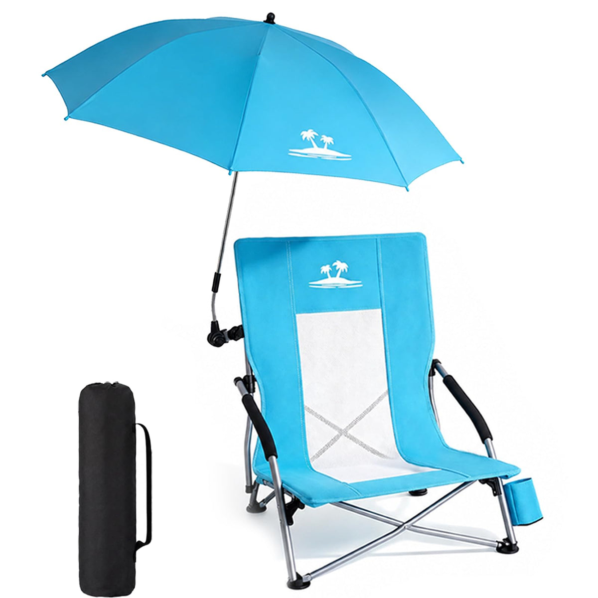 Folding Beach Chair for Adults with UPF 50+ Umbrella, Lightweight Low Beach Chair with Mesh Back, Portable Camping Chair with Carry Bag for Outdoor Beach Lawn Camping, 300lbs Capacity(Blue)