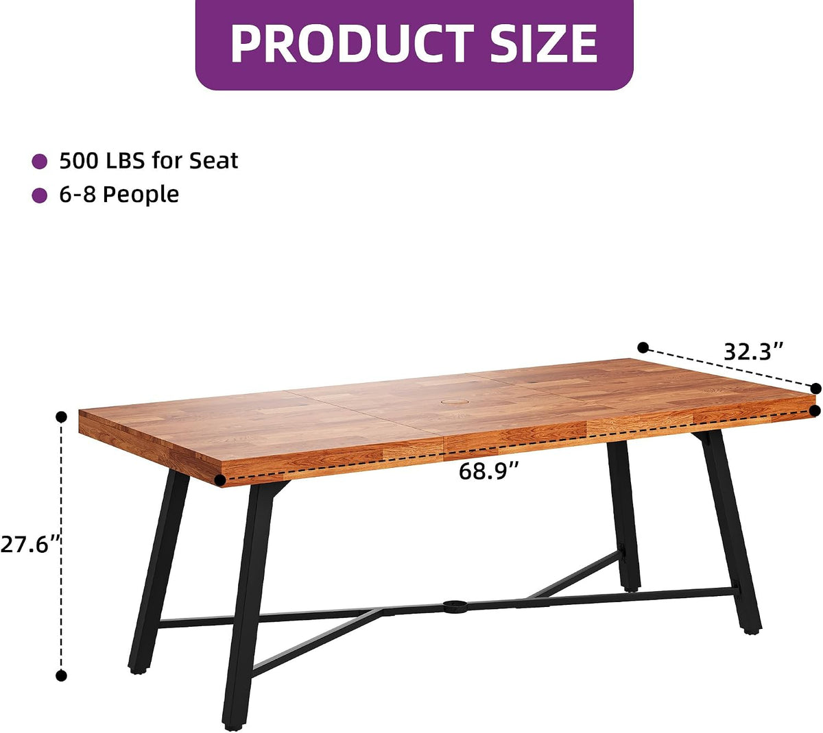 DWVO Industrial Acacia Wood Dining Table 68.9", Heavy Duty Outdoor Rectangle Table with Metal Legs, 500lbs Capacity Patio Dining Table with Umbrella Hole for 6-8 People Indoor Outdoor Use