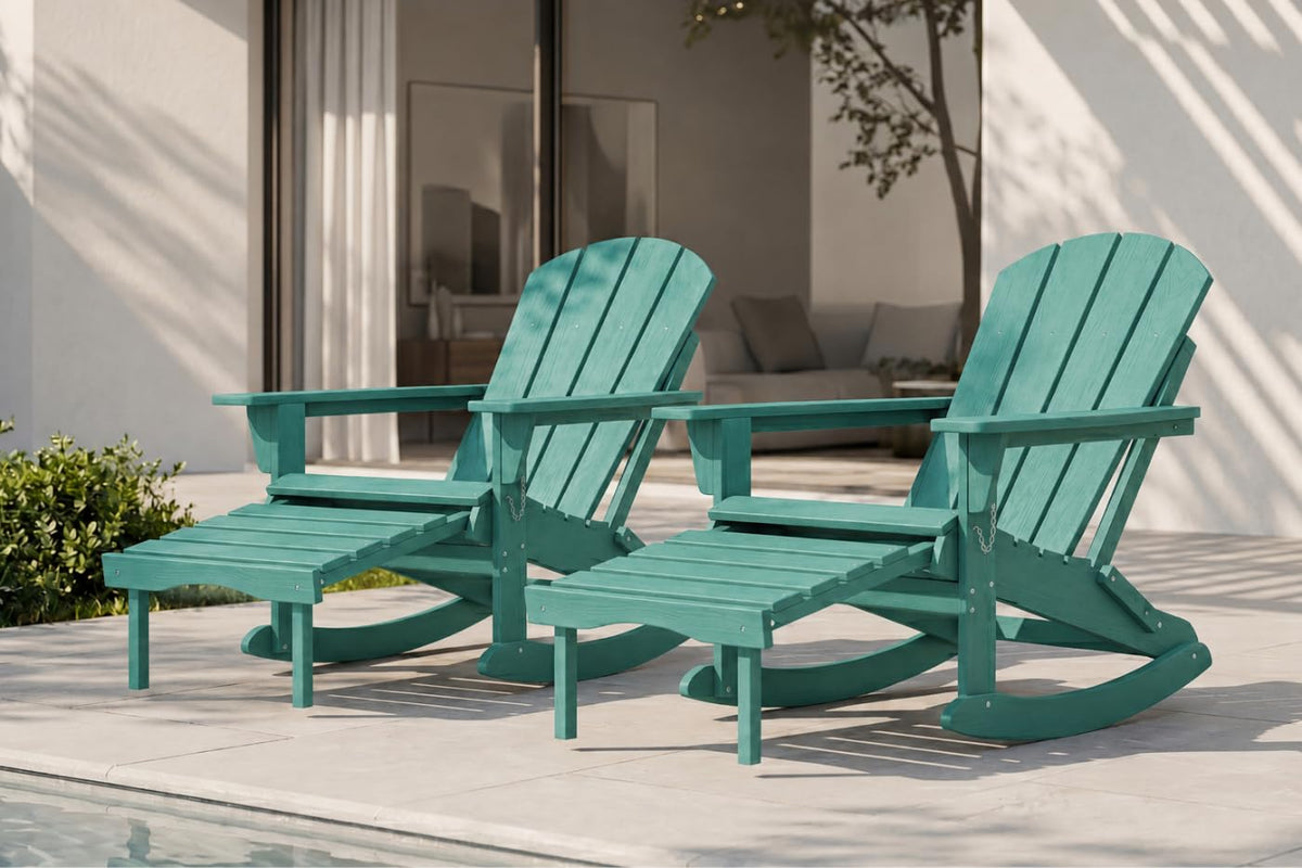 All-Weather HDPE Adirondack Rocking Chair, Heavy Duty Folding Porch Rocker with Curved High Back & Armrest, Comfortable Outdoor Lounge Chair for Backyard Patio Deck Garden, Aruba Blue