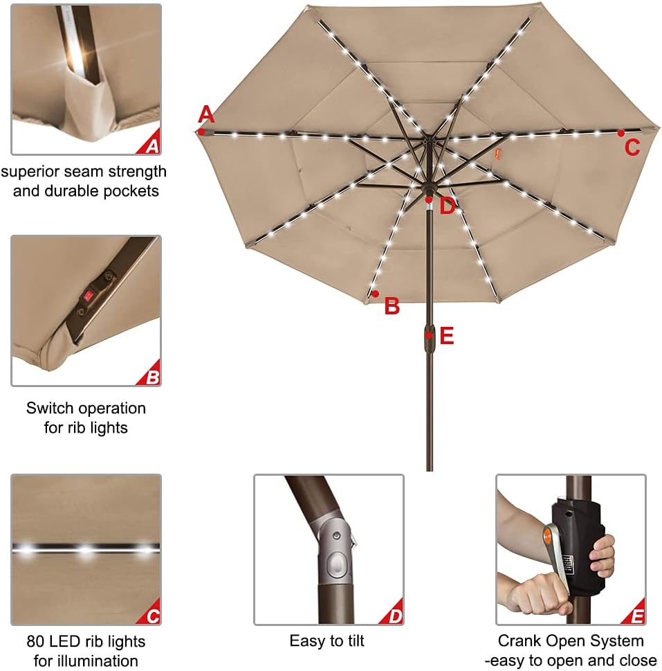 EliteShade USA 10-Year-Non-Fading 9ft 3-Tier Market Patio Umbrella, Commercial Table Umbrella with 80 Solar LED Lights, Crank Open, Windproof & UPF 50+ UV Protection for Garden, Deck, Pool, Backyard, Heather Beige