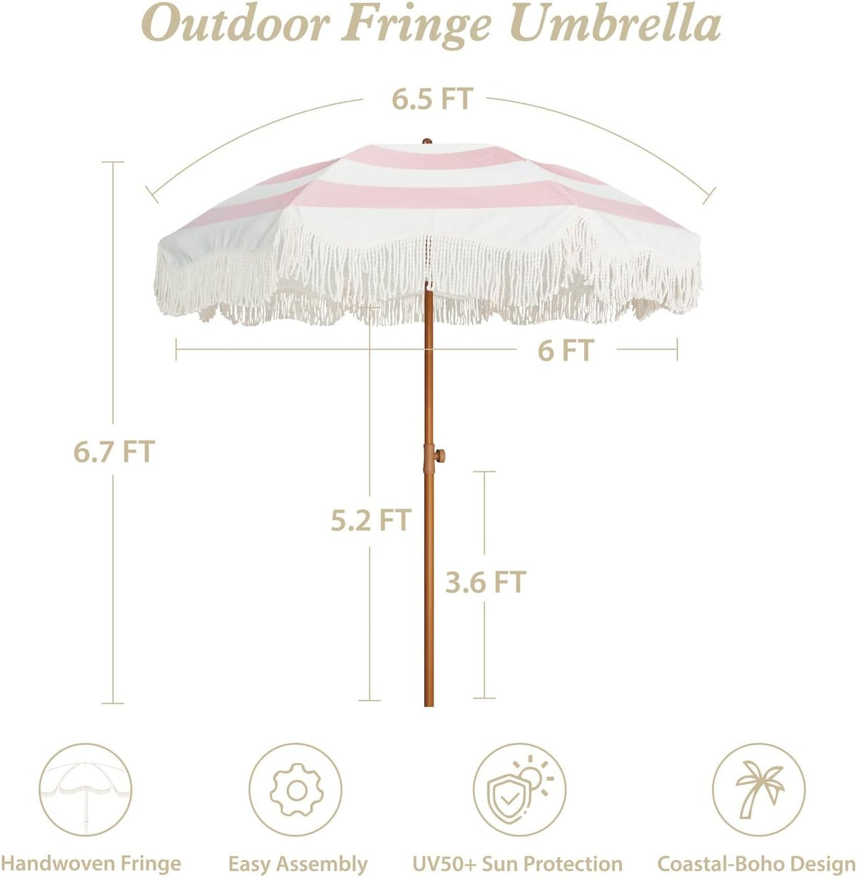 AMMSUN Boho Fringe Umbrella, 6.5ft Outdoor Umbrella with Tassel