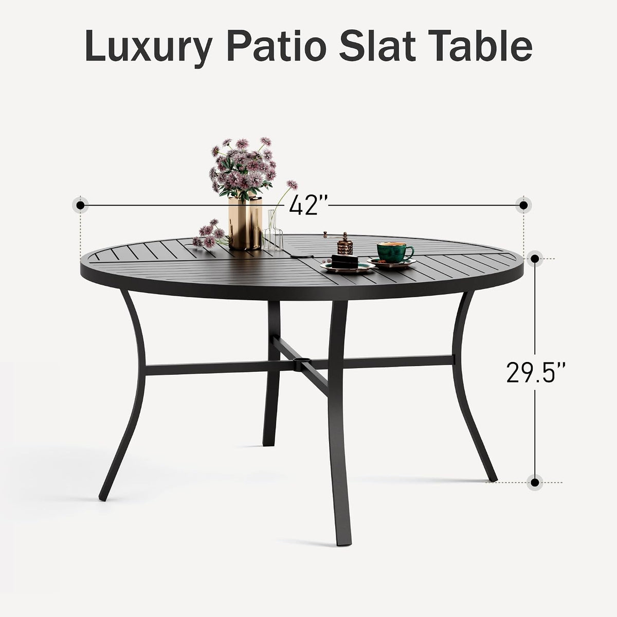 PHI VILLA Patio Round Table w/Umbrella Hole, Metal Table for 4, Black
