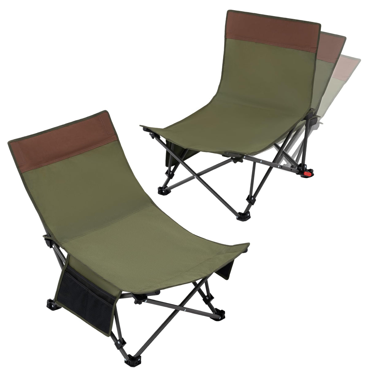 Compact Beach Chairs 2 Pack with 3-Position Lay Flat Low Portable Camping Chairs for Adults Folding Reclining Chairs for Beach, Lawn, Travel