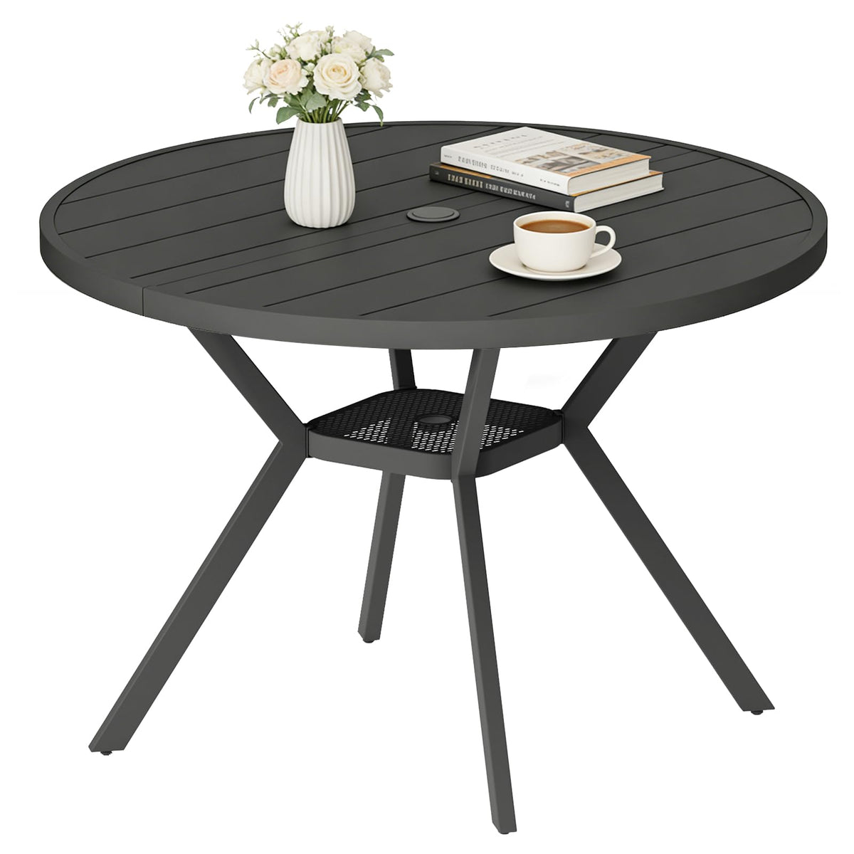 42" Outdoor Patio Table Dining Table All Weather Metal Round Patio Dining Table with Adjustable Umbrella Hole Patio Furniture for Lawn Garden Backyard, Sandshell