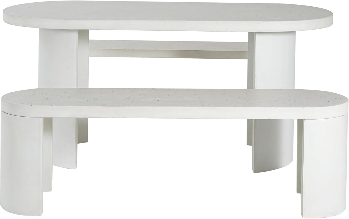 Christopher Knight Home Vicla 3 Pieces Durable Concrete Outdoor Dining Set with Stylish Terrazzo Finish, Patio Dining Table with 2 Benches, Oval Outdoor Patio Furniture Set with Pedestal Base, White