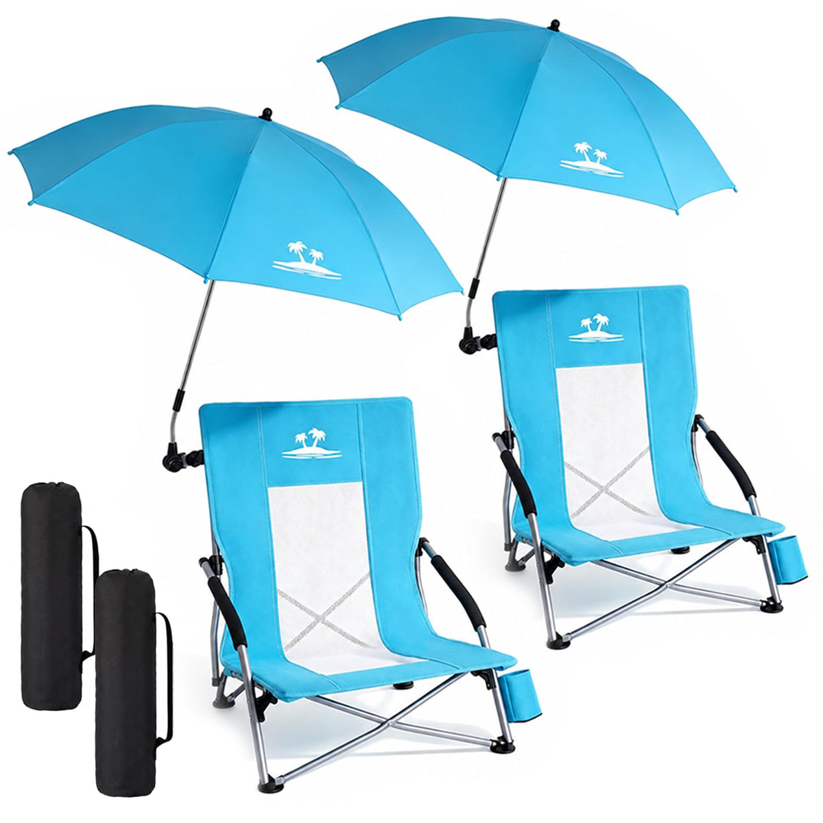 Folding Beach Chair for Adults with UPF 50+ Umbrella, Lightweight Low Beach Chair with Mesh Back, Portable Camping Chair with Carry Bag for Outdoor Beach Lawn Camping, 300lbs Capacity(Blue)