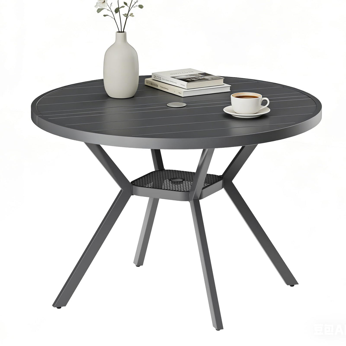 42" Outdoor Patio Table Dining Table All Weather Metal Round Patio Dining Table with Adjustable Umbrella Hole Patio Furniture for Lawn Garden Backyard, Sandshell