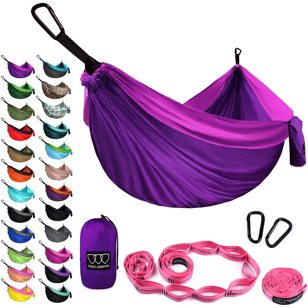 Gold Armour Camping Hammock - XL Double Hammock Portable Hammock Camping Accessories Gear for Outdoor Indoor with Tree Straps, USA Based Brand (Purple and Fuchsia)